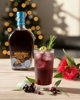Beachtree Ocean Blue gin liqueur bottle displayed beside a koala holding a purple cocktail at a beac