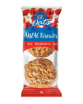 GF Oats wholesale biscuits range including ANZAC Biscuits and Chocolate Chip Biscuits in retail pack