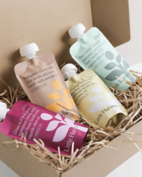 Little Harvesters baby food puree pouches with grass-fed beef, chicken, chickpea and vegetable blend