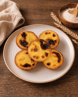 Portuguese custard tarts with golden flaky pastry and caramelised tops, served with cinnamon sticks,