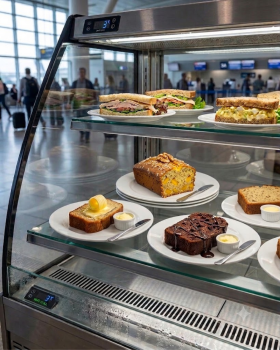 Three loaves of Milly & Ruby banana bread arranged on a marble surface with fresh bananas, a mango,