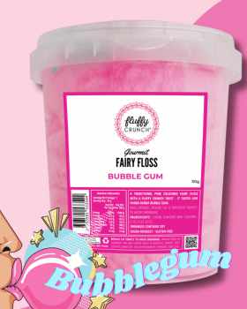 Fluffy Crunch gourmet fairy floss branding over pink and white fairy floss background