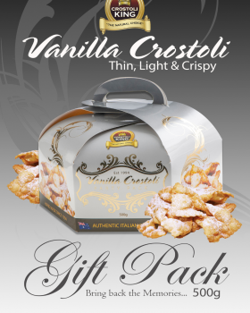 Bowl of Crostoli King crostoli pastries dusted with icing sugar, showcasing thin, crispy Italian swe