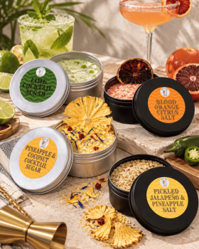 Cocktail Candy range of dehydrated fruit garnishes, cocktail salts and sugars, edible flowers and Cr