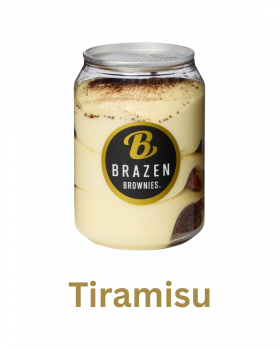 Brazen Brownies Brownie-Misu layered dessert in jar with chocolate brownie pieces and coffee cream,