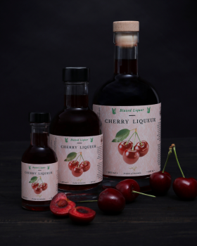 Blazed Liquor small-batch cherry and green walnut liqueurs in 50ml, 200ml and 500ml bottles displaye