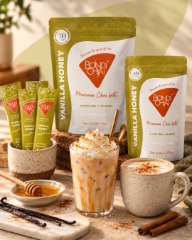 Bondi Chai gift hamper featuring Cinnamon, Vanilla Honey and Ginger N Spice chai latte powders, asso