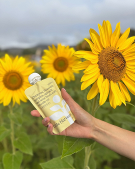 Little Harvesters baby food puree pouches with grass-fed beef, chicken, chickpea and vegetable blend