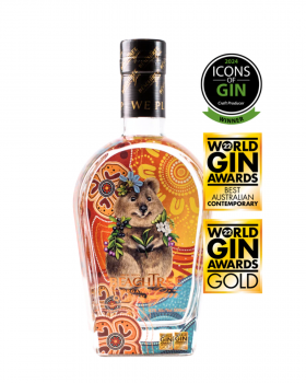 Beachtree Ocean Blue gin liqueur bottle displayed beside a koala holding a purple cocktail at a beac