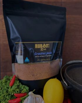 Rub It BBQ Lazy Lamb seasoning jar with grilled lamb chop, fresh parsley, garlic, onion and herbs di