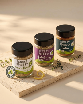 Secret Spice Co certified organic spice blends and seasonings in reusable glass jars and refill pouc