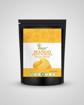 Indus Farms superfood powders with vibrant yellow and red fruit powders surrounded by mango slices a