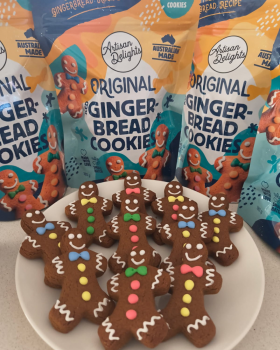 Artisan Delights logo with text reading “Iced Gingerbread Cookies” and “Custom Promotional Cookies”