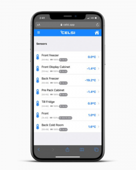 Celsi AI-powered smart temperature monitoring system showing wireless sensors and mobile app dashboa