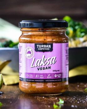 Turban Chopsticks Australian-made curry pastes and sauces displayed in glass jars, including Thai Gr