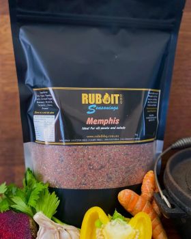 Rub It BBQ Lazy Lamb seasoning jar with grilled lamb chop, fresh parsley, garlic, onion and herbs di