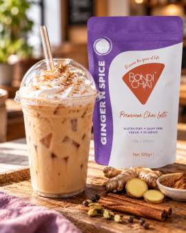 Bondi Chai gift hamper featuring Cinnamon, Vanilla Honey and Ginger N Spice chai latte powders, asso