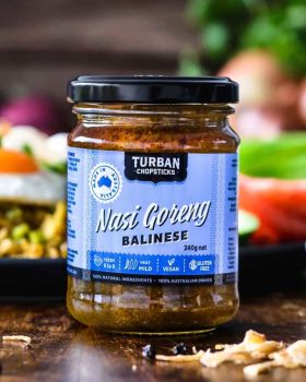 Turban Chopsticks Australian-made curry pastes and sauces displayed in glass jars, including Thai Gr