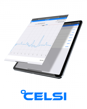 Celsi AI-powered smart temperature monitoring system showing wireless sensors and mobile app dashboa